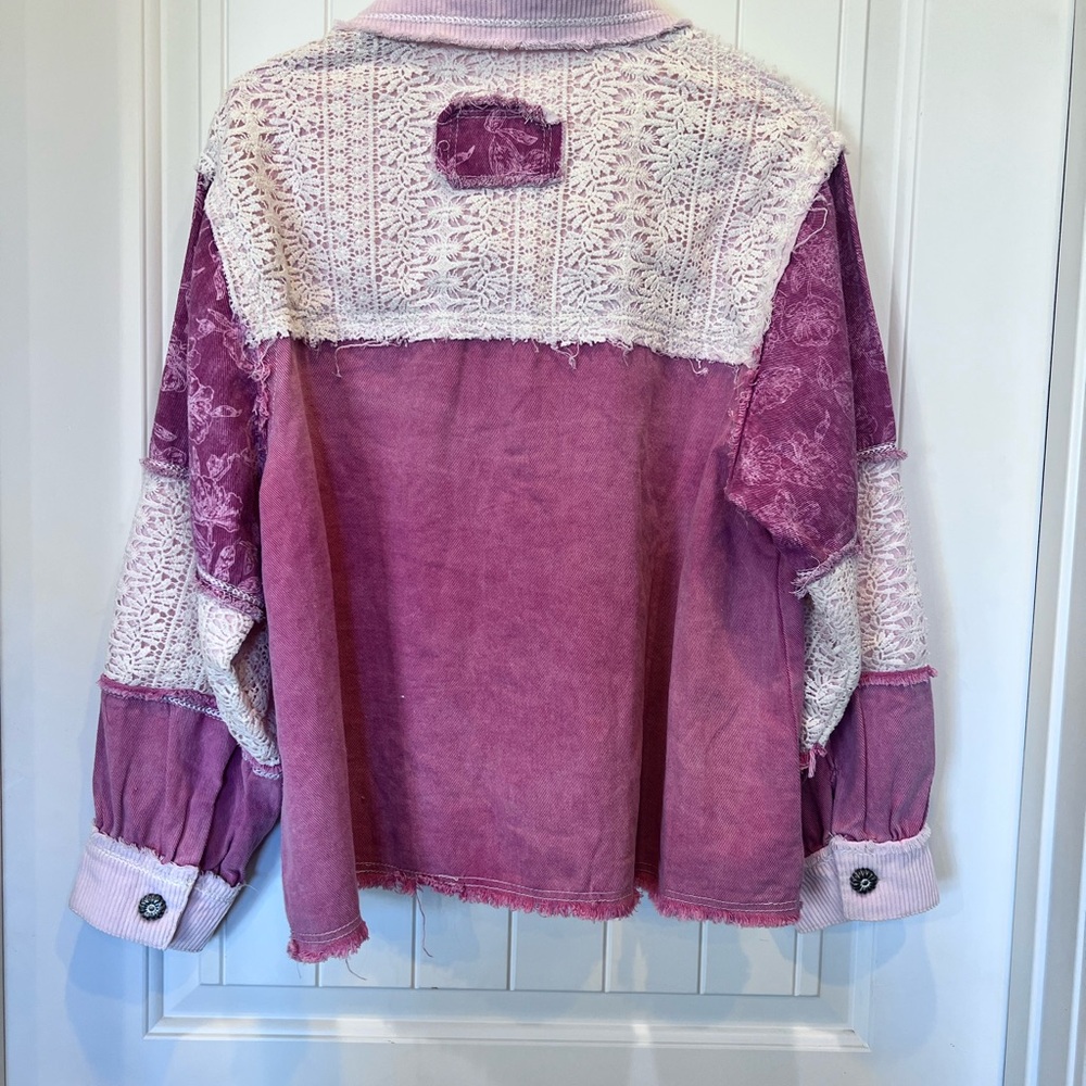POL Lace Corduroy Floral Frayed Denim Jacket Sz Small (oversized) NWOT - Picture 12 of 16